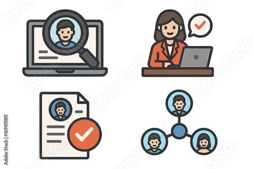Job recruitment icons for online hiring, candidate search, resume approval, workforce networking, human resources, digital recruitment process, modern workplace settings, vector cartoon illustration