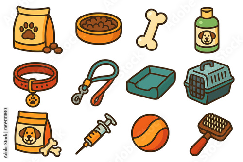 Pet care icon set. Dog owner essentials collection. Vector cartoon illustration with puppy accessories for grooming, feeding, playing, and veterinary care. Flat design.