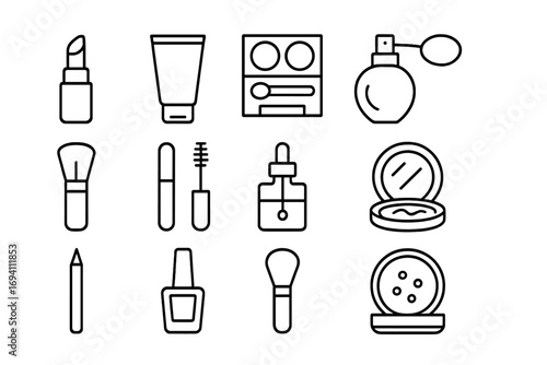 Makeup essentials line icon set, beauty cosmetics collection in linear style, vector cartoon illustration with transparent background, ordered beauty icons for cosmetic design and branding
