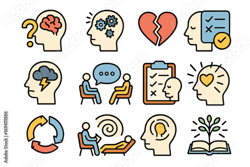 Psychology icon set. Mental health, therapy, counseling symbols. Includes brain, thinking process, depression, stress, psychoanalysis, broken heart, personal growth icons.