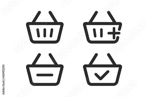 Minimalist shopping basket icons for e-commerce apps. Add to cart, remove, and checkout symbols. Simple line art vector illustration for web design, online store UI, UX.