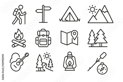Nature outdoors line icon set, hiking and camping adventure icons collection, vector cartoon illustration with mountains, campfire, backpack, map, trees, guitar, lantern, compass, and trail symbols