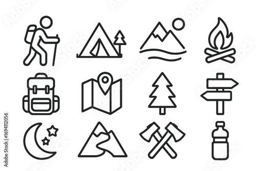 Nature and Outdoors Line Icon Set with Hiking, Camping, Adventure Symbols, Backpack, Tent, Mountains, Campfire, Map, Pine Tree, Direction Sign, Moon, Axes, and Water Bottle Vector Outline Collection