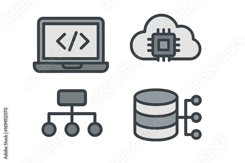 Modern tech symbols for computing and data processing. Vector icon set with programming, cloud CPU, database server, and network structure concepts. Minimalist design illustration.