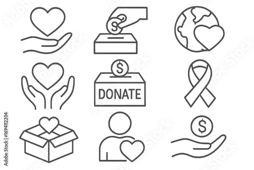 Charity and donation thin line icon set. Vector symbols for giving, fundraising, and volunteering. Concepts of help, support, love, care, hope, and social aid collection.