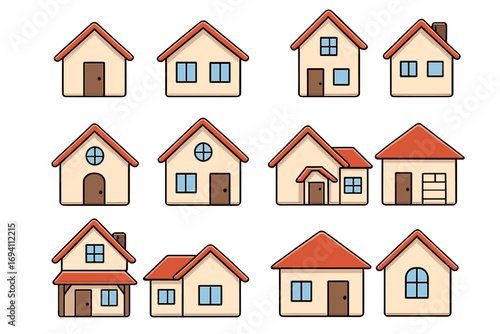 House icon set vector cartoon illustration. Simple home symbol collection for real estate. Property building graphic element. Residential cottage and suburban house pictogram.