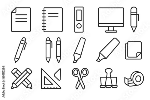 Office supplies linear icon set, essential stationery outline collection, vector cartoon illustration with transparent background, organized stationery icons for business and creativity