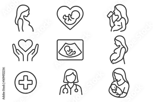 Pregnancy and maternity icon set, prenatal care line art, maternal health symbols, wellness and parenting illustration, newborn and ultrasound vector collection, healthcare outline graphics