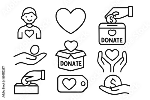 Charity and donation outline icon set. Volunteer, help, and giving concepts. Symbols for philanthropy, fundraising, social support, and community care. Love, heart, money.