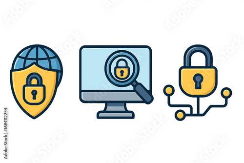 Cybersecurity icon set for network security and data protection. Concepts of secure internet analysis, privacy, and digital connectivity. Vector symbols for firewall and vpn.