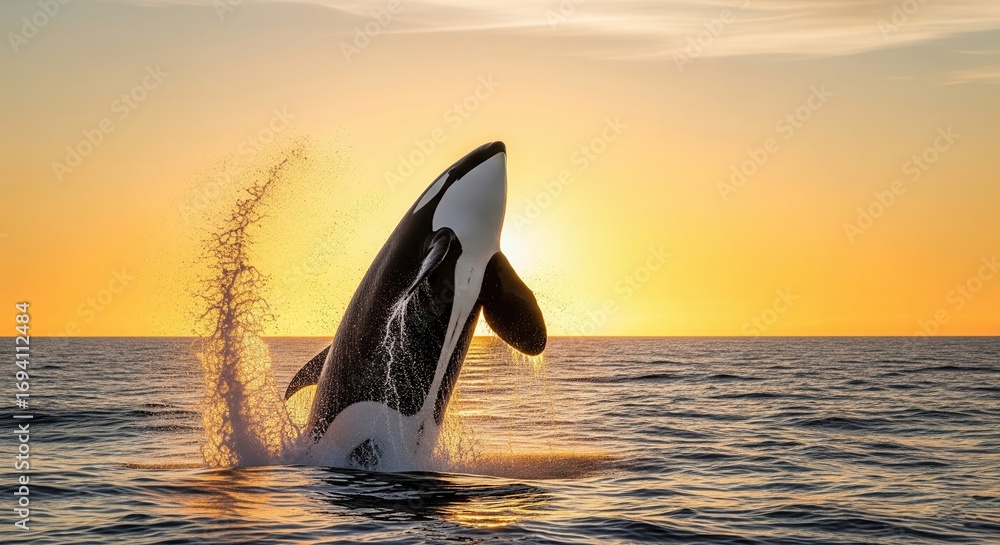 Fototapeta premium Orca, A large killer whale is jumping out of the water. The sun is setting in the background