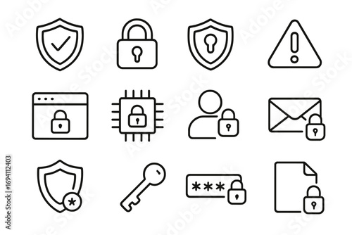 Security and data protection line icon set with safety and encryption symbols, padlock, shield, key, password, user privacy, warning sign, secure file and email illustration vector