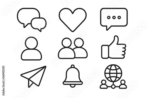 Social media line icon set with communication, interaction, connectivity essentials, user profiles, chat, like, notification bell, global network symbols, vector illustration transparent background