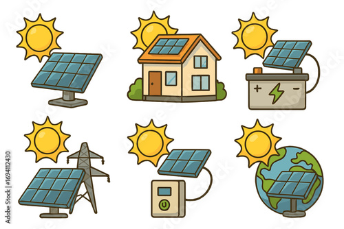 Solar energy icon set. Renewable power technology for home and grid. Vector cartoon collection with sun, house, battery, earth. Green energy and sustainability concept illustration.