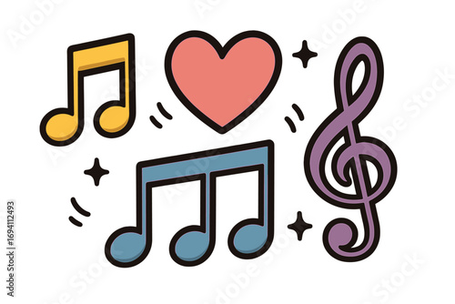 Love music concept with heart and musical notes. Vector cartoon illustration for sound design, creativity, and passion. Colorful cute melody symbols, treble clef icon set.