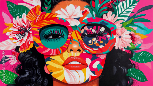 Vibrant and expressive pop art portrait of woman adorned with colorful flowers and bold patterned sunglasses, set against bright fuchsia background, celebrating tropical joy