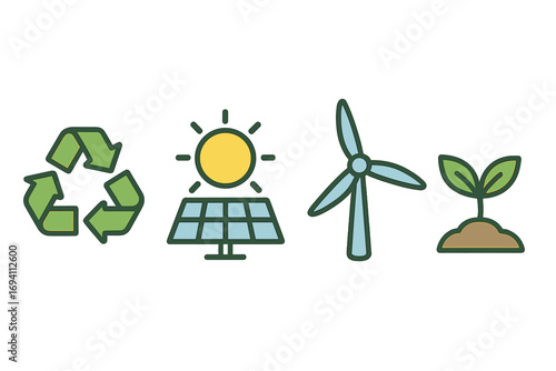 Renewable energy symbols including recycling arrows, solar panel with sun, wind turbine, and plant growth illustration, sustainable environment icons, green energy concepts vector