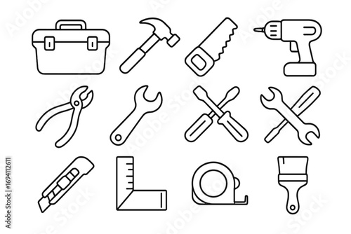 Toolbox and workshop line icon set, handy tools and DIY equipment collection, vector cartoon illustration with transparent background, organized icon set for construction and repair