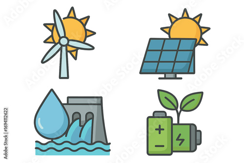 Renewable energy symbols vector set. Wind turbine, solar panel with sun, hydroelectric dam, eco-friendly battery with green leaves. Sustainable power and clean energy icons.