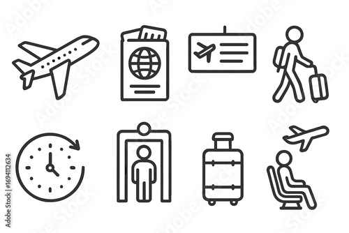 Travel icons set representing air travel and airport processes with airplane, passport, boarding pass, traveler, clock, security scanner, luggage, and waiting area in modern vector design