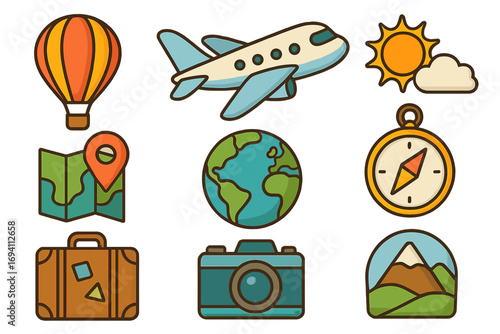 Travel icons representing global exploration and adventure with airplane, hot air balloon, suitcase, map, globe, camera, compass, sun, cloud, and mountain landscape cartoon vector illustration
