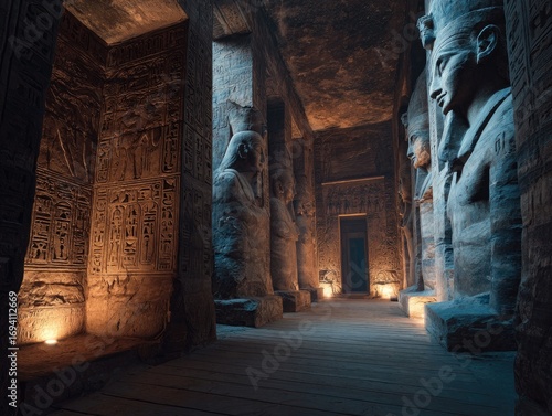 Ancient Egyptian temple hallway lit by warm light