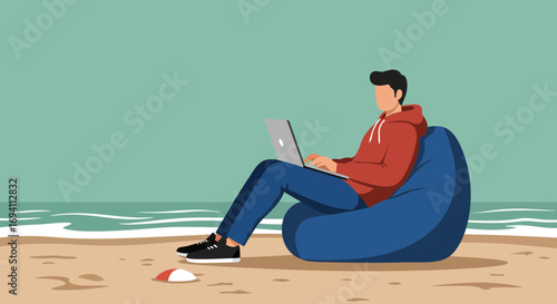 Young man working remotely on a laptop while relaxing on a bean bag on a sandy beach. Represents modern flexible work, digital nomad lifestyle, and travel productivity.