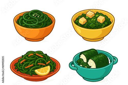 Varieties of nutritious seaweed dishes in colorful bowls with tofu, lemon, and rice rolls, healthy marine vegetable food, vector cartoon illustration for Asian cuisine and vegan meals