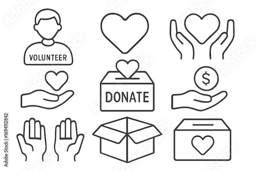 Charity and donation outline icon set. Volunteer, giving, and fundraising symbols. Vector line art collection with heart, hands, money coin, and donation box for non-profit.