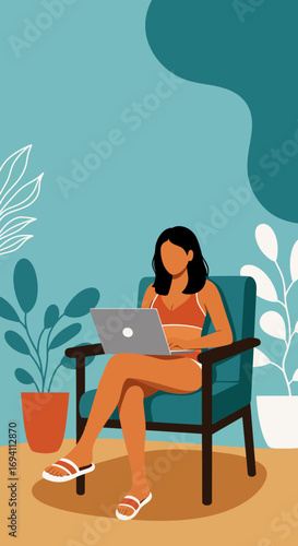 Freelance woman works on laptop from home in a relaxed, comfortable setting, symbolizing modern remote work flexibility.