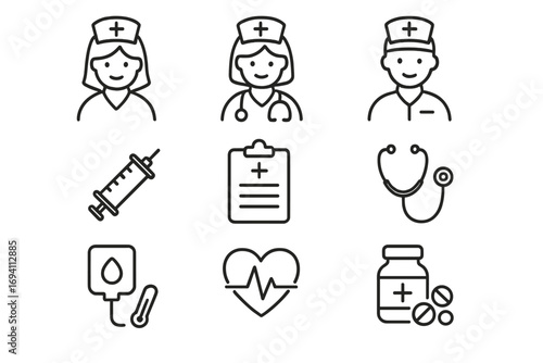 Variety of nurse and medical healthcare icons illustrating healthcare roles with stethoscope, syringe, clipboard, blood bag, heart pulse, pills, thermometer in simple line drawing style vector cartoon