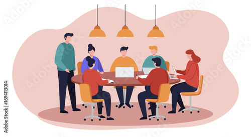 Diverse business team collaborating and exchanging ideas in a productive office meeting. Perfect for illustrating teamwork, strategy, and corporate communication.