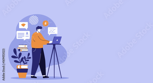 Dedicated professional working on a laptop, surrounded by icons for education, finance, and data. Represents remote work, online learning, business strategy, and digital productivity.