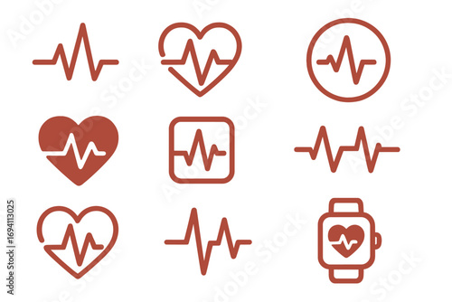 Various heartbeat and heart rate icons in diverse styles and formats, healthcare and wellness concepts, ECG pulse, cardiology symbols, medical health monitoring, vector cartoon illustration