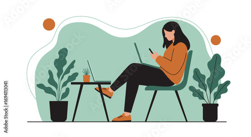 A focused woman works remotely, multitasking with a laptop and smartphone in a modern, plant-filled environment, embodying digital connectivity and flexible work lifestyle.