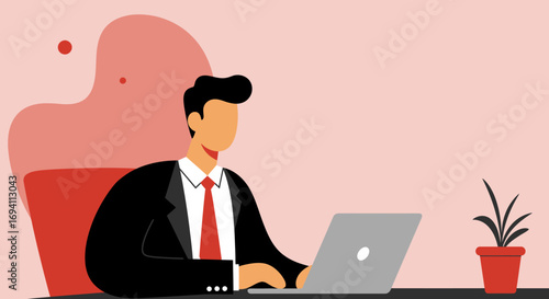 Professional businessman working diligently on his laptop in a modern office setting. Ideal for concepts of productivity, remote work, and corporate lifestyle.