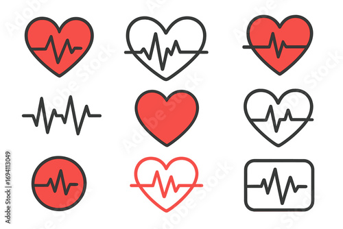 Various heartbeat and heart rate icons set in diverse styles and formats, healthcare and wellness symbols collection, vector cartoon illustration for medical and fitness design