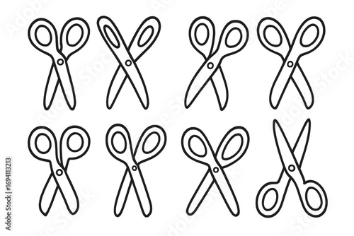 Various scissor icons set in grid layout for design and crafting projects, digital and print use, art supplies vector, cartoon style, cutting tools illustration, craft and sewing accessories