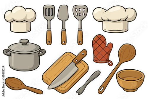 Various cooking utensils and chef hats set for culinary preparation kitchen tools collection with pot, spatulas, cutting board, knife, oven mitt, spoons, bowl, and kitchenware in cartoon vector