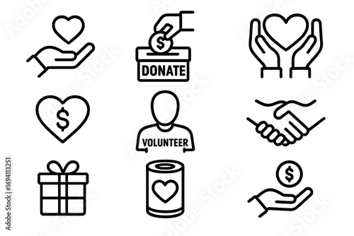 Charity and donation line icon set. Giving, support, and volunteer icons collection. Vector symbols for philanthropy, fundraising, and humanitarian aid. Help and care concept.