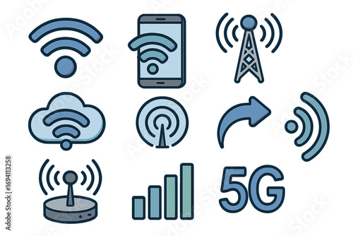 Various wireless technology icons representing network connectivity, mobile signals, 4G and 5G indicators, WiFi symbols, cellular towers, cloud network connection, vector cartoon illustration