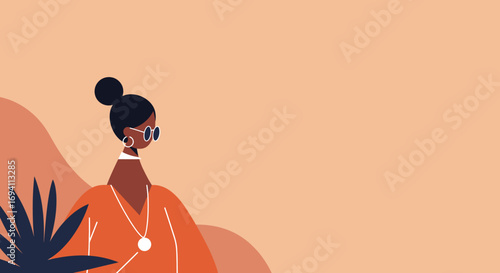 Stylish woman with sunglasses and bun in a warm, minimalist illustration. Modern, diverse representation perfect for lifestyle, fashion, and creative projects.