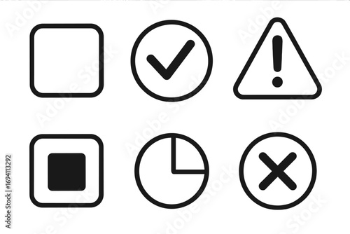 Various symbols representing completion states, alerts, and controls in simple line design vector illustration. Check mark, warning, stop, pie chart, cancel icons set on transparent background.