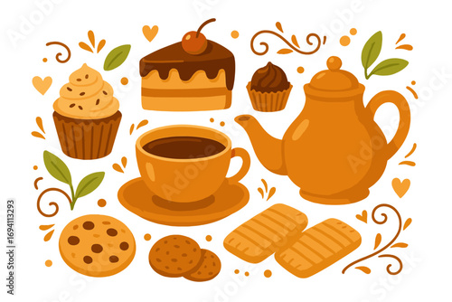 Cozy tea time flat vector illustration with assorted sweets, cupcakes, cookies, cake slice with cherry, teapot and cup, decorative leaves and hearts, café theme transparent background