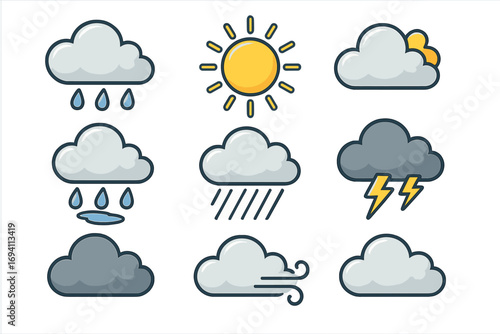 Weather icon collection featuring rain drops, sunshine, clouds, thunderstorms, wind, atmospheric conditions, cartoon style vector illustration, transparent background for design projects