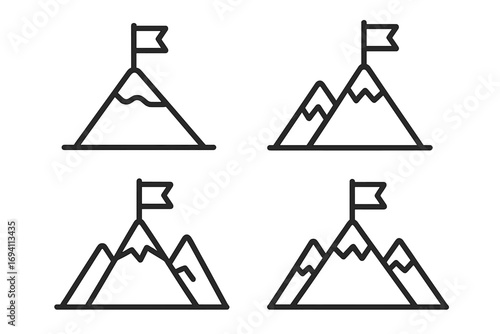 Various mountain icons with flags symbolizing achievement, exploration, success, climbing, peak accomplishment, adventure, goal reaching, summit victory line art vector set