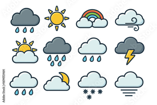 Weather icon collection with rain sun clouds lightning rainbow wind moon fog snow. Cartoon vector design set for meteorology climate forecasts and atmospheric conditions illustrations