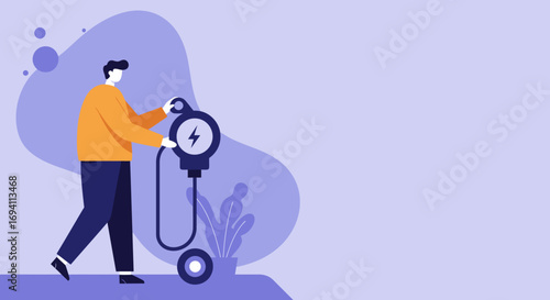 Man charging a device, symbolizing electric power, sustainable energy, and modern technology. Ideal for concepts related to eco-friendly solutions and future innovation.