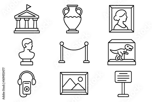 Museum exhibit linear icon set with artifacts and gallery display symbols, line art style vector cartoon illustration, transparent background, ordered set of cultural and historical icons