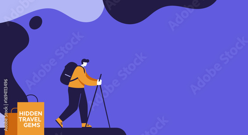Illustration of a hiker with backpack and walking sticks exploring new paths. Represents travel, adventure, and discovering hidden gems. Ideal for tourism or lifestyle content.